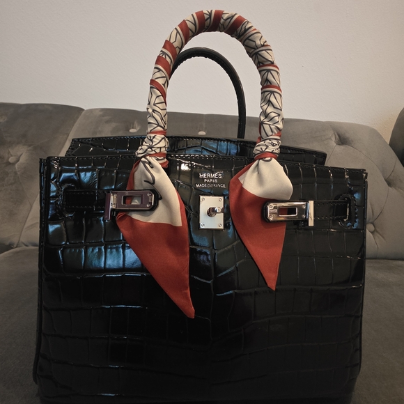 None Handbags - Black Crocodile Style H Birkin 25cm Inspired Bag